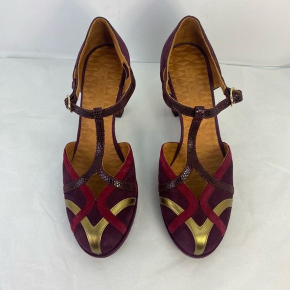 Chie Mihara 
Myla Suede Pumps Croc Textured Leather Gold T Strap Women’s - Picture 2 of 13